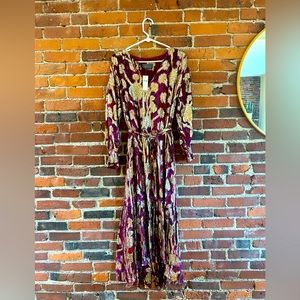 Anthropologie Gold and Magenta Floral Maxi Dress, Size XS